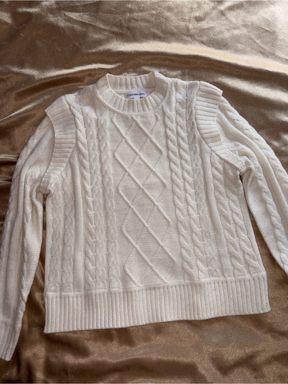 Calvin Klein Jeans Cream Cable-Knit Cold-Shoulder Sweater